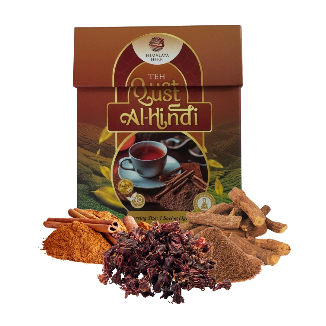 Kotak Teh Qust Al Hindi dengan kayu manis Ceylon, roselle dan akar Qust