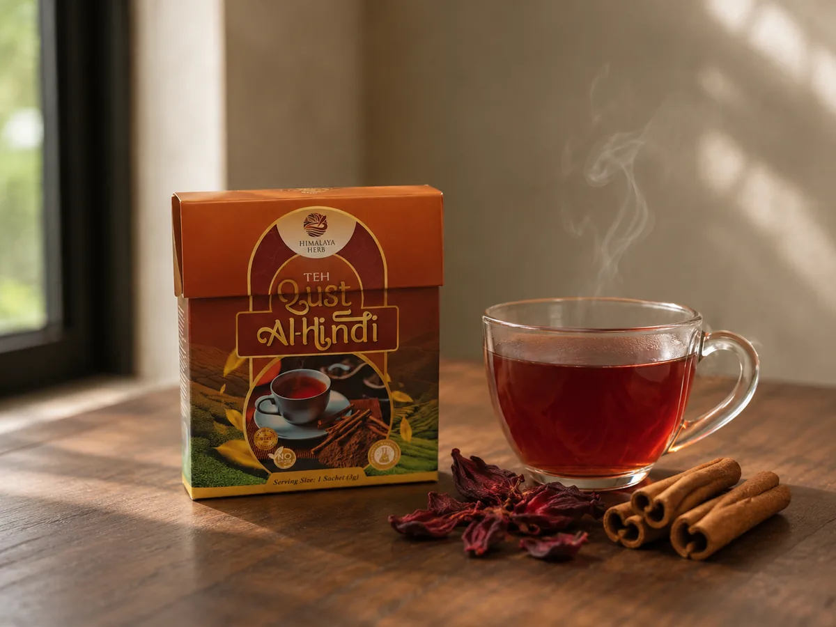Kotak Teh Qust Al Hindi di sebelah cawan teh merah kecoklatan dengan roselle dan kayu manis Ceylon