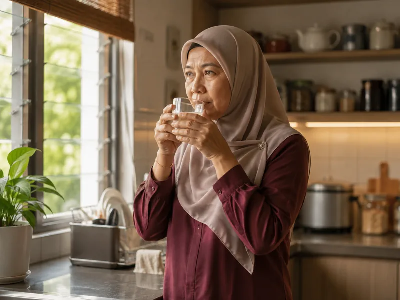 Wanita Malaysia minum air suam di dapur pada waktu pagi