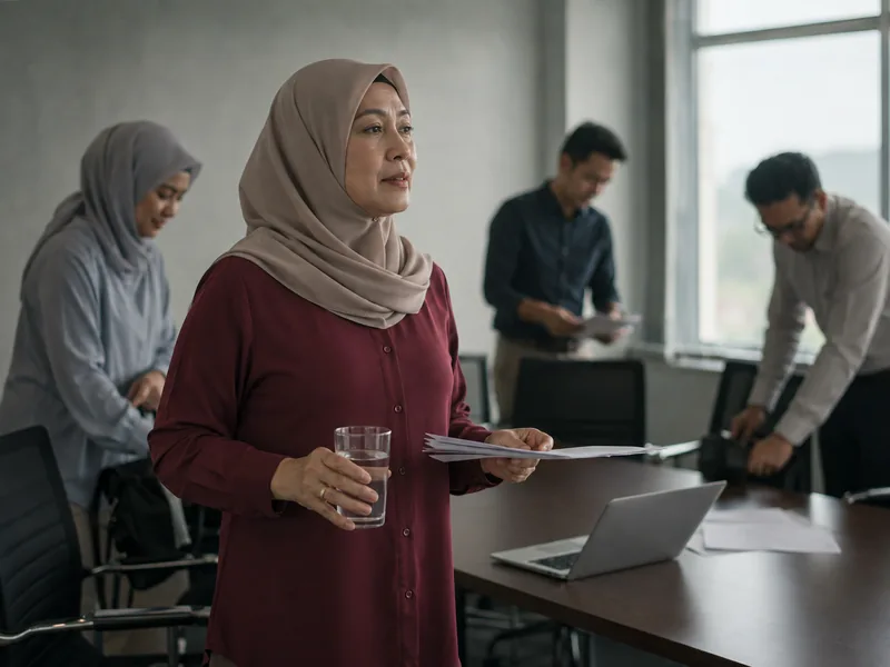 Wanita Malaysia mengemas kertas selepas sesi mesyuarat yang panjang