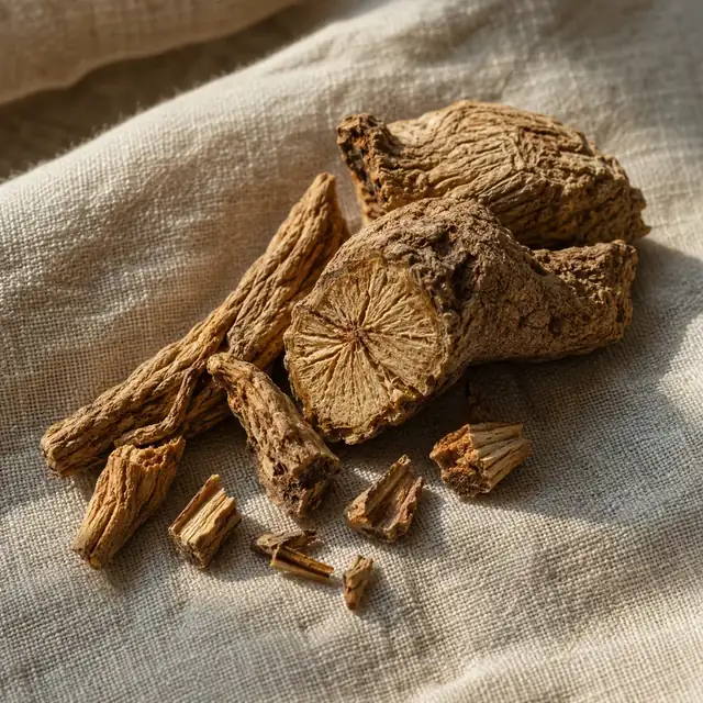 Akar Qust Al Hindi kering di atas kain linen