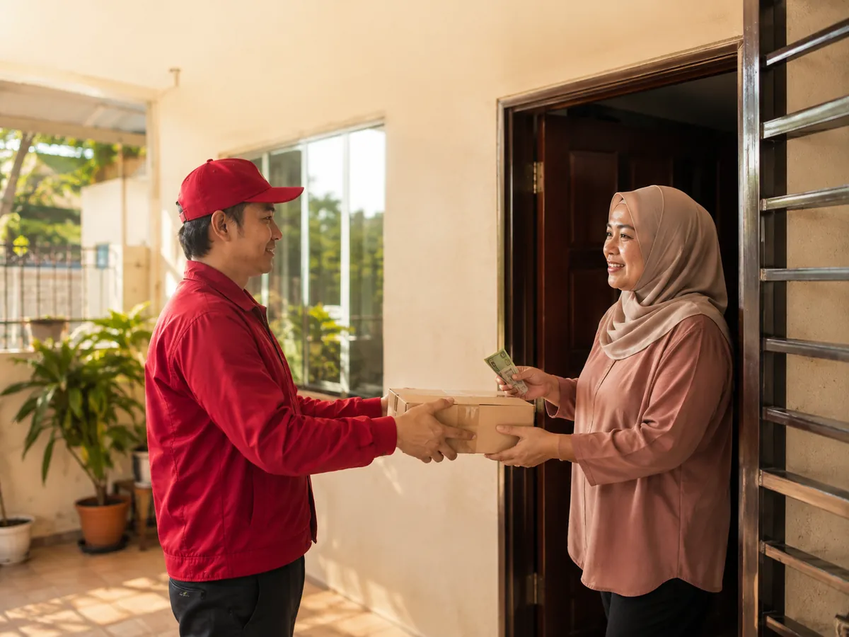 Kurier menyerahkan parcel kepada pelanggan di depan pintu rumah